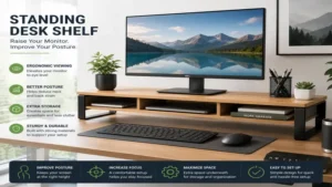 standing desk shelf supporting a monitor at eye level for a comfortable ergonomic workstation