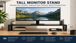 Front view of a tall monitor stand supporting a widescreen monitor for comfortable eye-level viewing.