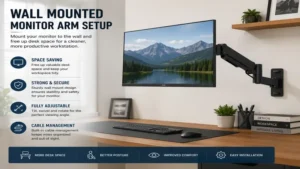 Wall mounted computer monitor arm installed above a desk for improved workspace organization