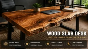 wood slab desk featuring a handcrafted live edge surface with unique natural wood grain