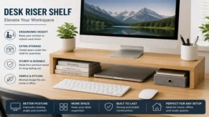 Wooden desk riser shelf providing ergonomic monitor height and organized desk storage