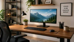 Wooden desk with monitor featuring an ergonomic workspace setup for productivity