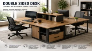 Wooden double sided desk providing a spacious workstation for collaborative office tasks.
