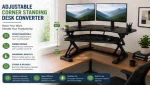 Adjustable corner standing desk converter raised for comfortable standing work