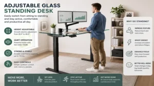User working at an glass standing desk with smooth height adjustment for better productivity