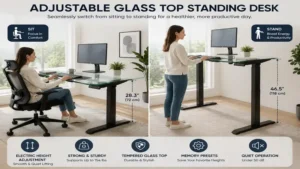 Adjustable glass top standing desk transitioning between sitting and standing for better posture.