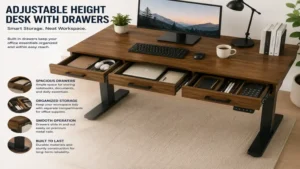 Adjustable height desk with drawers providing convenient storage for office supplies and documents