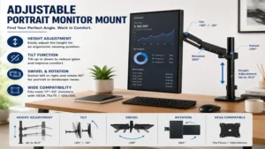 Adjustable portrait monitor mount with flexible height and tilt settings