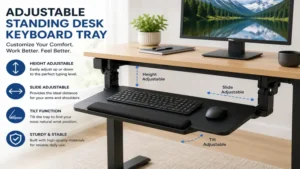 Adjustable standing desk keyboard tray installed beneath a sit-stand desk for comfortable keyboard and mouse placement.