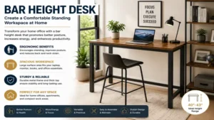 bar height desk set up in a stylish home office with comfortable standing workspace accessories