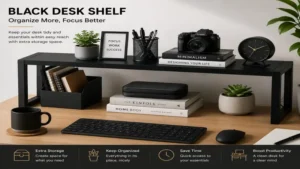 Black desk shelf with books, plants, and office accessories for an organized desktop.
