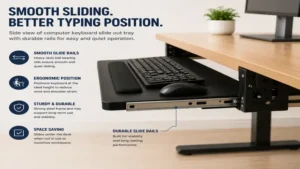 Side view of a computer keyboard slide out tray showing smooth sliding rails and ergonomic positioning.