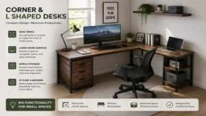 Compact corner and l shaped desks maximizing workspace in a small room.