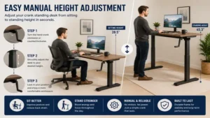 crank standing desk being adjusted from sitting to standing height with an easy-turn hand crank