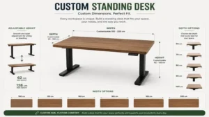 Custom standing desk dimensions showing adjustable width, depth, and height options for different workspaces.