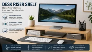 desk riser shelf supporting a monitor and helping maintain a comfortable viewing position