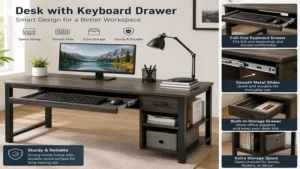Functional desk with keyboard drawer featuring built-in storage and a smooth sliding keyboard tray.