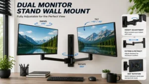 Dual monitor stand wall mount featuring adjustable arms for flexible screen alignment and comfort