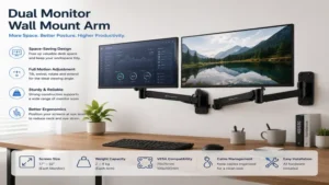 computer screen wall mount arm supporting dual monitors for a space-saving workstation setup