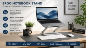ergo notebook stand in a clean desk setup with external keyboard and mouse
