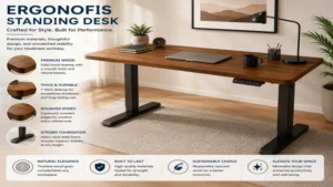 Elegant ergonofis standing desk featuring a premium solid wood desktop and minimalist design.