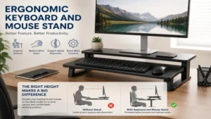 Ergonomic keyboard and mouse stand positioned for better posture in a modern office.