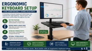 Standing computer keyboard stand creating an ergonomic setup for typing while standing