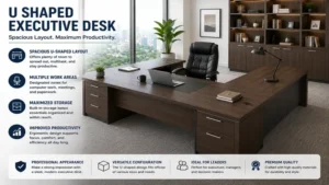 U shaped executive desk providing a spacious layout for multitasking and office productivity
