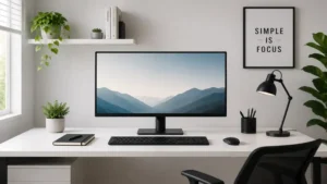 Minimalist desk with monitor and keyboard in a clutter-free office environment
