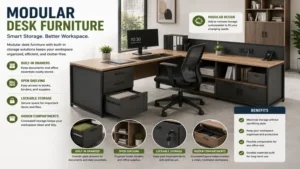 Modular desk furniture featuring built-in drawers and storage for efficient organization.