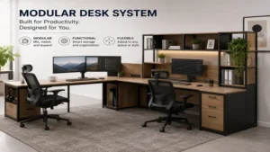 Modular desk system supporting a dual monitor setup for efficient multitasking and workflow