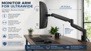 Side view of monitor arm for ultrawide showing adjustable height and extended reach