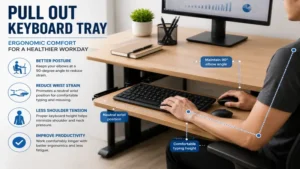 Pull out keyboard tray positioned at an ergonomic height to reduce wrist and shoulder strain