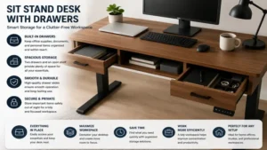 Sit stand desk with drawers providing convenient storage for office supplies and daily essentials