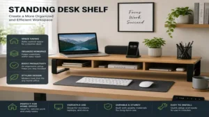 standing desk shelf in a modern home office with neatly arranged accessories and workspace essentials