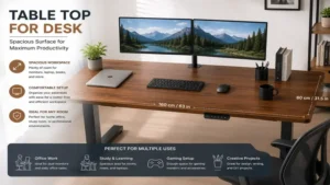 Table top for desk with a spacious surface for monitors, laptops, and office accessories
