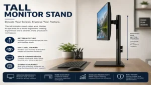 Side profile of a tall monitor stand showing elevated monitor placement for better posture.
