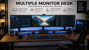 Multiple monitor desk featuring three screens for professional work and gaming