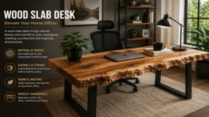 wood slab desk creating a warm and stylish workspace in a contemporary home office