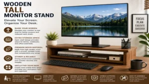 tall monitor stand made of wood providing extra desk storage and monitor elevation