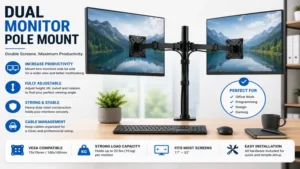 Dual monitor pole mount securely holding two computer monitors to maximize workspace efficiency.