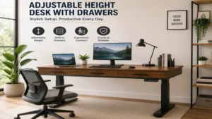 Adjustable height desk with drawers arranged in a stylish and functional home office setup