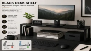Ergonomic black desk shelf raising a computer monitor to improve viewing comfort.