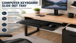 Computer keyboard slide out tray in a modern home office setup with a clean and organized workspace.