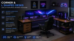Ergonomic corner and l shaped desks with a gaming setup featuring multiple monitors and accessories.
