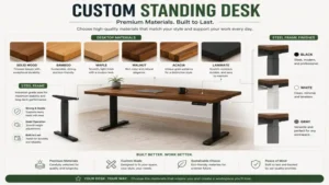 Custom standing desk built with solid wood, bamboo, and durable steel frame materials.