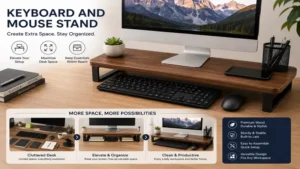 Wooden keyboard and mouse stand creating extra desk space beneath the keyboard.