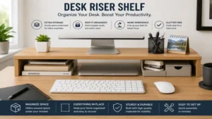 desk riser shelf with organized office accessories stored neatly underneath for a clutter-free workspace