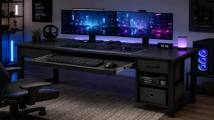 Contemporary desk with keyboard drawer supporting a dual-monitor gaming and productivity setup.