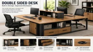 double sided desk featuring built-in storage compartments and cable management for an organized workstation.
